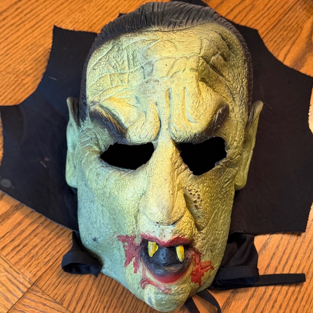 Vintage 1997 Rubies Costume Co Dracula Mask Green Face Black Hood Halloween
